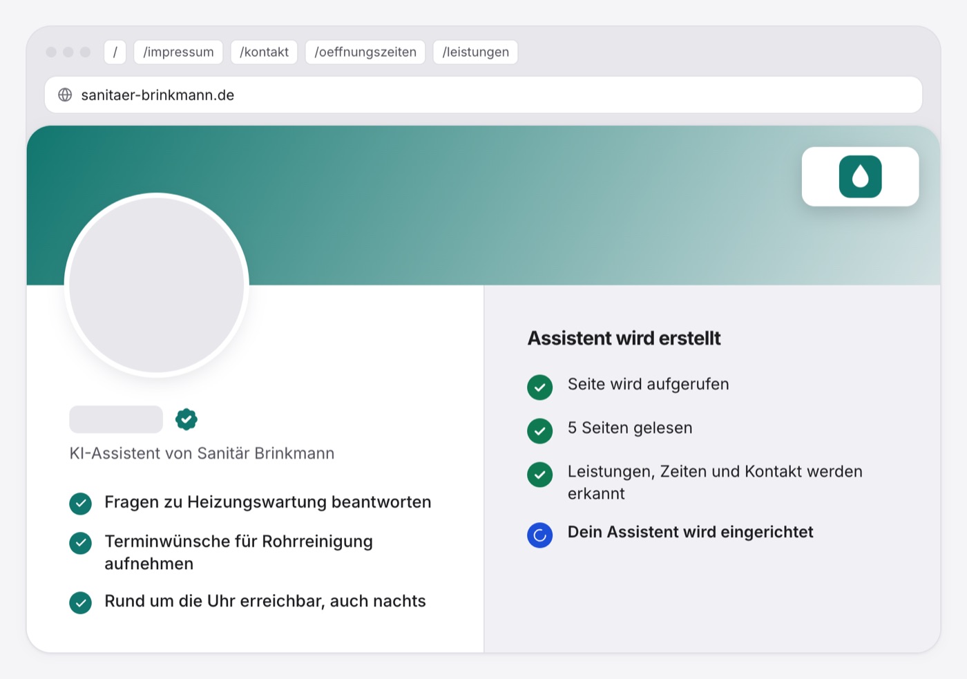 Der Bau: oben die gelesenen Unterseiten wie /impressum, /kontakt und /leistungen, darunter entsteht die Karte „KI-Assistent von Sanitär Brinkmann“ mit dem, was er kann.