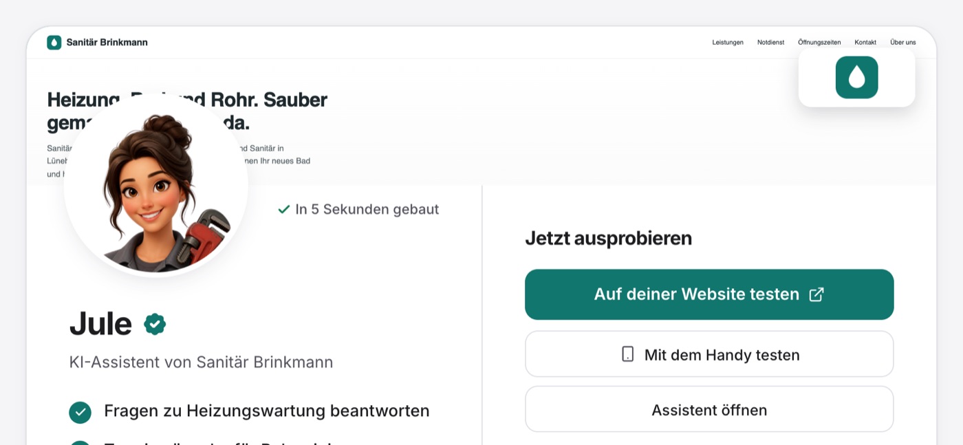 Die fertige Karte mit dem Vornamen Jule, Gesicht und „In 5 Sekunden gebaut“, rechts „Jetzt ausprobieren“ mit „Auf deiner Website testen“, „Mit dem Handy testen“ und „Assistent öffnen“.