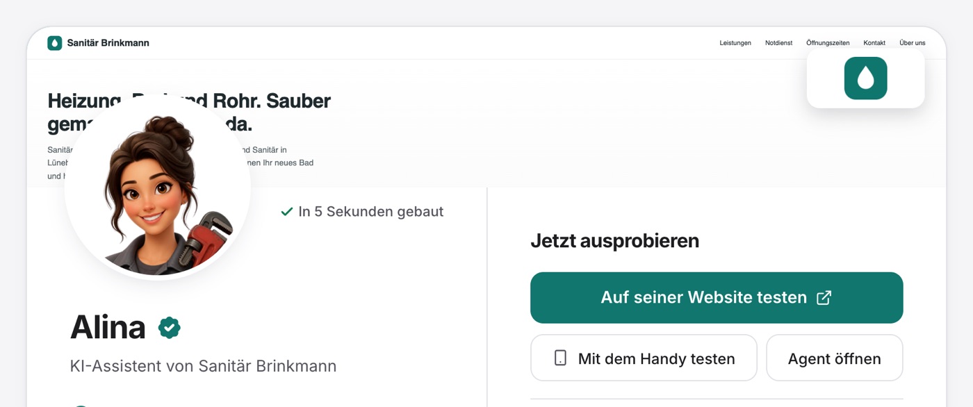 Die fertige Karte mit dem Vornamen Alina, Gesicht und „In 5 Sekunden gebaut“, rechts „Jetzt ausprobieren“ mit „Auf seiner Website testen“, „Mit dem Handy testen“ und „Agent öffnen“.