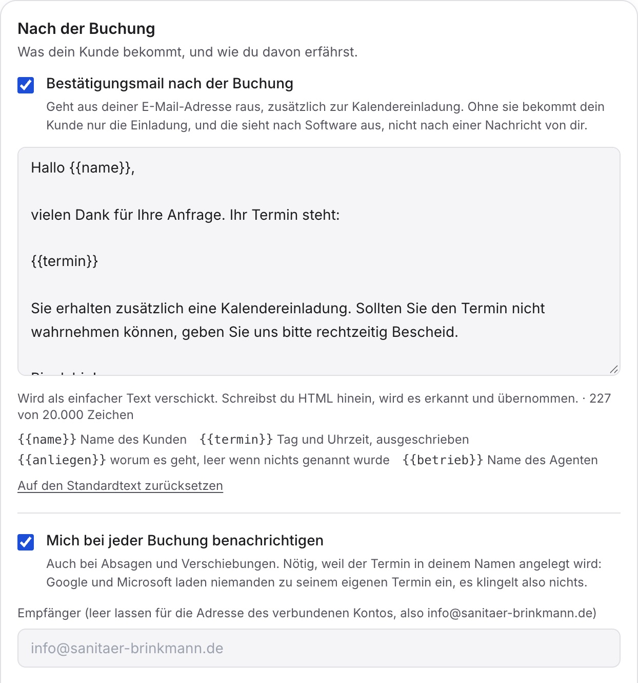 Abschnitt „Nach der Buchung“ mit dem Text der Bestätigungsmail, darin die Platzhalter für Name und Termin.