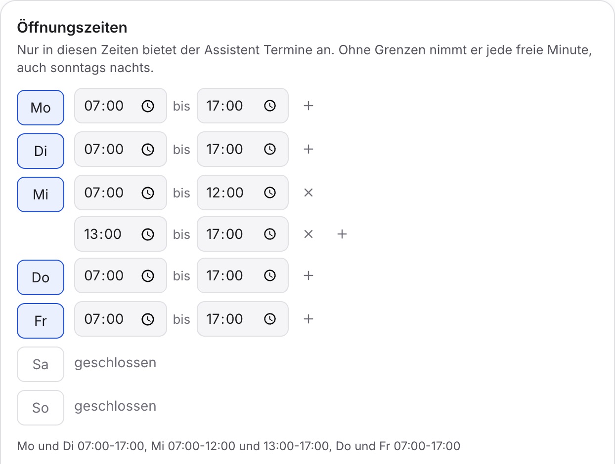 Abschnitt „Öffnungszeiten“: Mittwoch mit 07:00 bis 12:00 und 13:00 bis 17:00, die anderen Werktage 07:00 bis 17:00, Samstag und Sonntag geschlossen, darunter die Woche in einem Satz.