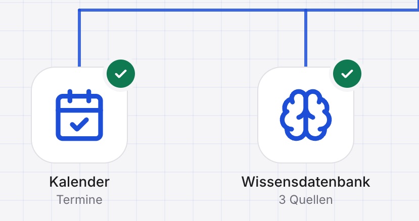 Die Kachel „Wissensdatenbank“ mit „3 Quellen“, daneben die Kachel Kalender.