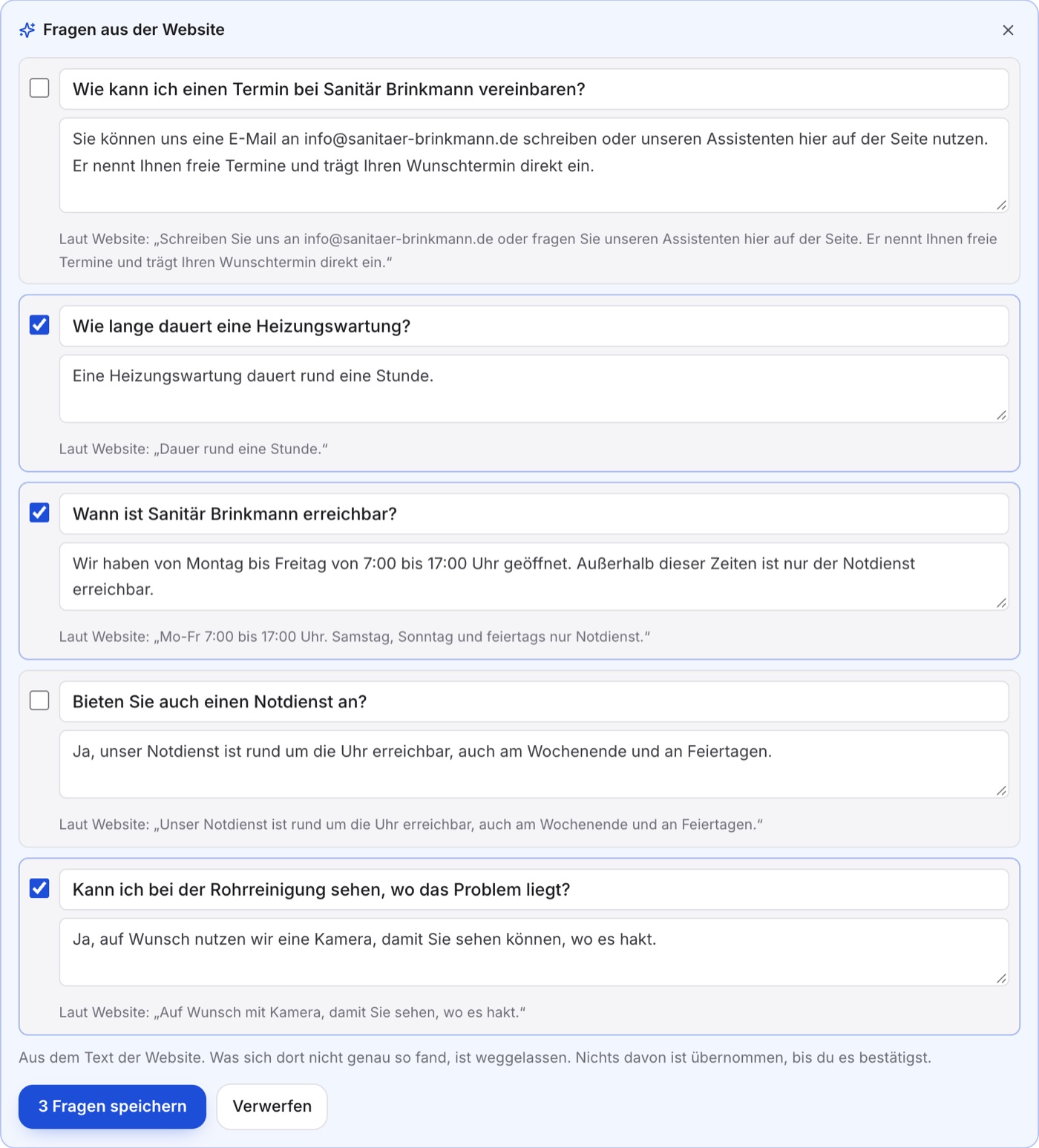 Kasten „Fragen aus der Website“: fünf Fragen mit Antwort, je mit „Laut Website: …“ darunter, zwei ohne Haken.