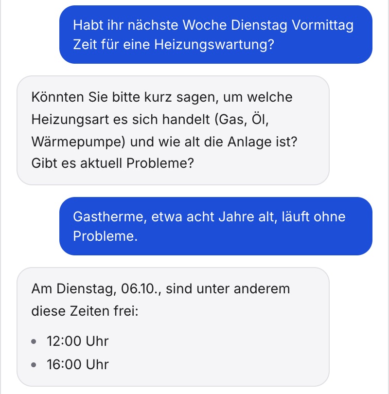 Das Testfenster: Frage nach einer Heizungswartung am Dienstagvormittag, Rückfrage nach der Heizungsart, danach die freien Zeiten 12:00 und 16:00 Uhr.