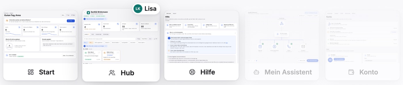 Was Lisa Krämer sieht: Start, Hub und Hilfe. Mein Assistent und Konto sind für sie nicht da.
