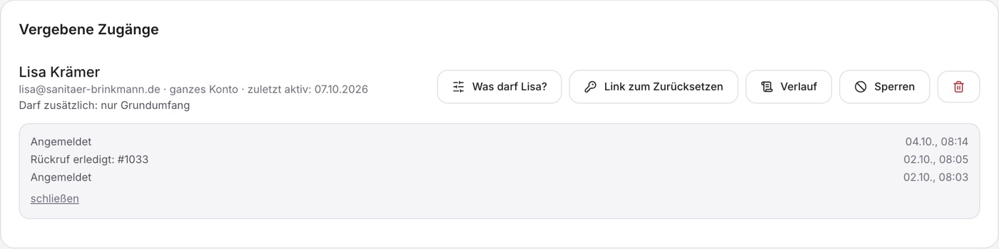 „Vergebene Zugänge“ mit Lisa Krämer, darunter Adresse, „ganzes Konto“, „zuletzt aktiv“ und „Darf zusätzlich: nur Grundumfang“, rechts „Was darf Lisa?“, „Link zum Zurücksetzen“, „Verlauf“ und „Sperren“, der Verlauf aufgeklappt.