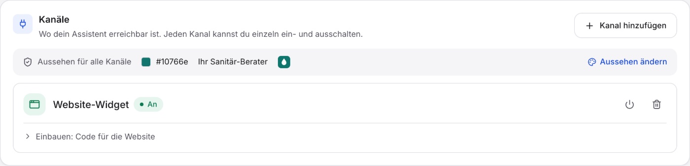 Reiter „Einrichtung“, Karte „Kanäle“ mit „Aussehen für alle Kanäle“ und der Karte „Website-Widget“ mit dem Etikett „An“.