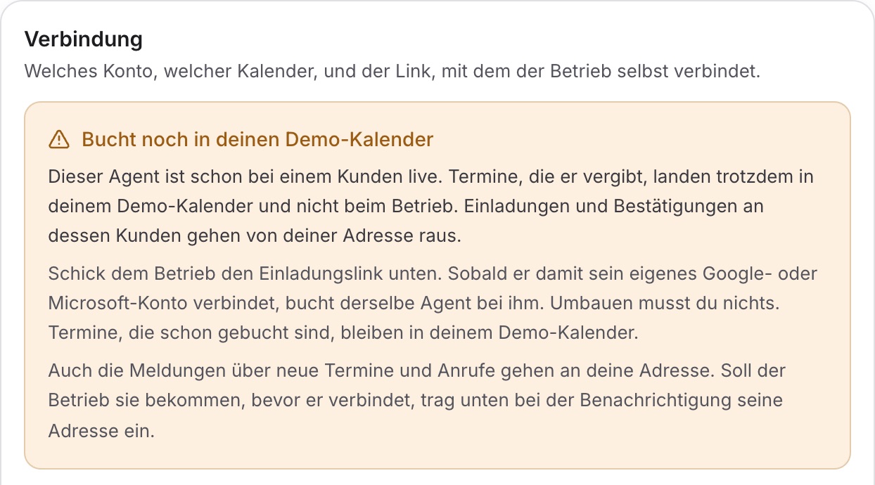 Abschnitt „Verbindung“ im Kalenderfenster mit dem orangen Kasten „Bucht noch in deinen Demo-Kalender“.