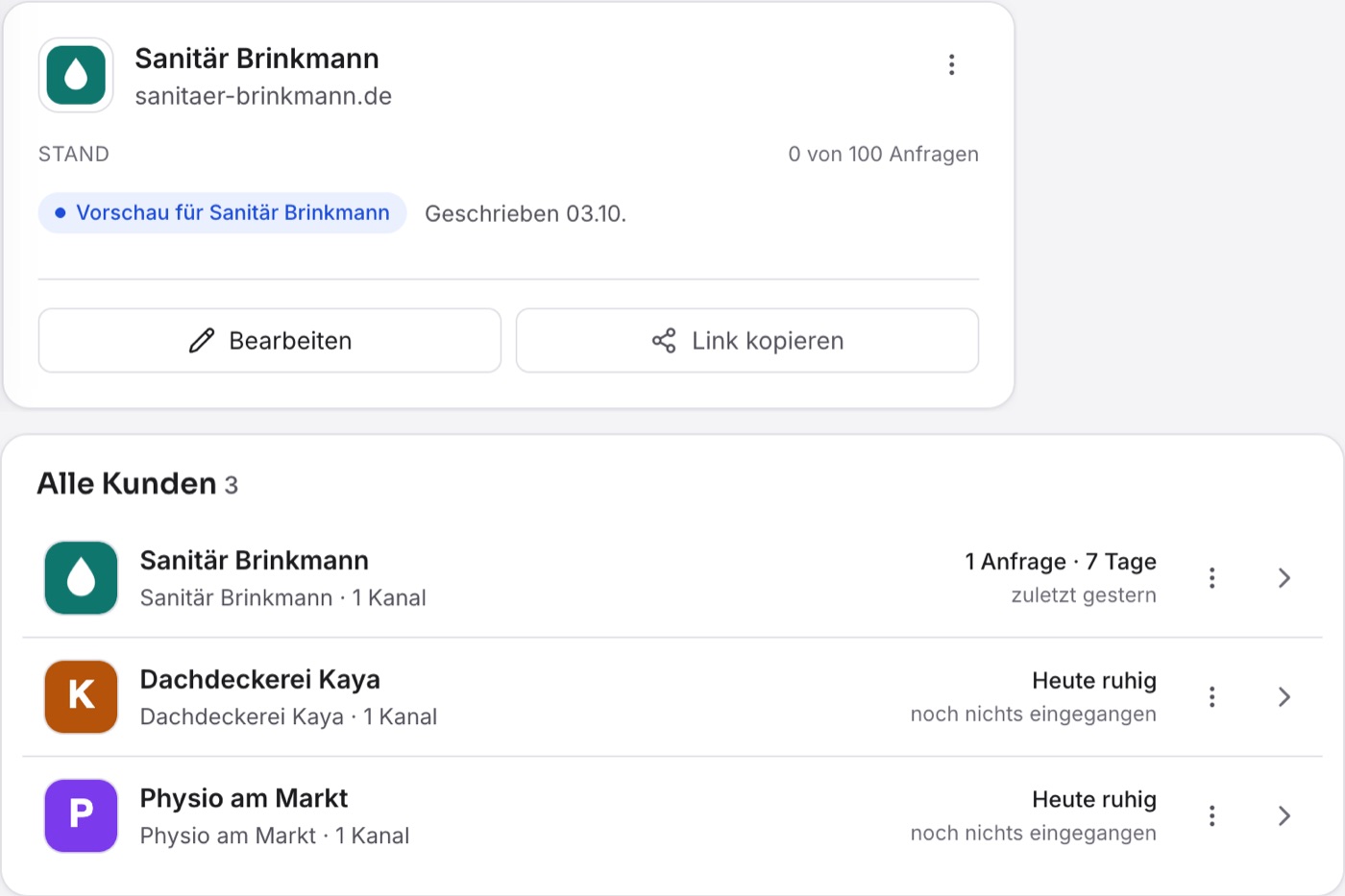 Oben die Demo-Kachel mit „Vorschau für Sanitär Brinkmann“, darunter die Kundenliste mit Sanitär Brinkmann.