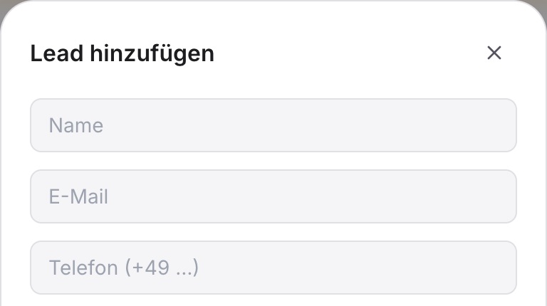 Fenster „Lead hinzufügen“ mit Name, E-Mail und „Telefon (+49 …)“.
