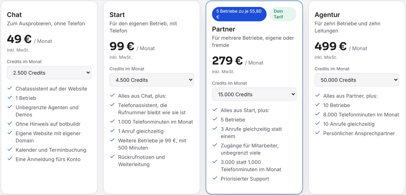 Konto › Abrechnung, die vier Karten nebeneinander, auf „Partner“ die Marken „5 Betriebe zu je …“ und „Dein Tarif“ und die Zeilen „5 Betriebe“, „3 Anrufe gleichzeitig statt einem“ und „Zugänge für Mitarbeiter, unbegrenzt viele“, auf „Start“ die Zeile „1 Anruf gleichzeitig“.