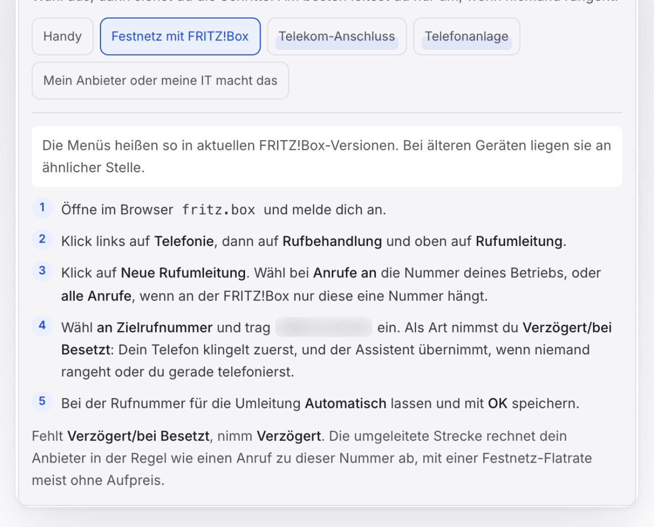 „Festnetz mit FRITZ!Box“ gewählt, darunter fünf Schritte von „Öffne im Browser fritz.box“ bis „mit OK speichern“, die Zielnummer weichgezeichnet.