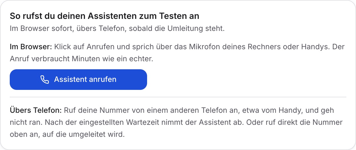 Abschnitt „So rufst du deinen Assistenten zum Testen an“ mit „Im Browser:“, dem Knopf „Assistent anrufen“ und „Übers Telefon:“.