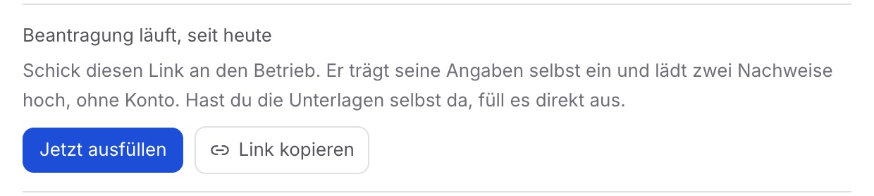 Abschnitt „Rufnummer und Umleitung“ mit „Beantragung läuft, seit heute“, darunter „Jetzt ausfüllen“ und „Link kopieren“.