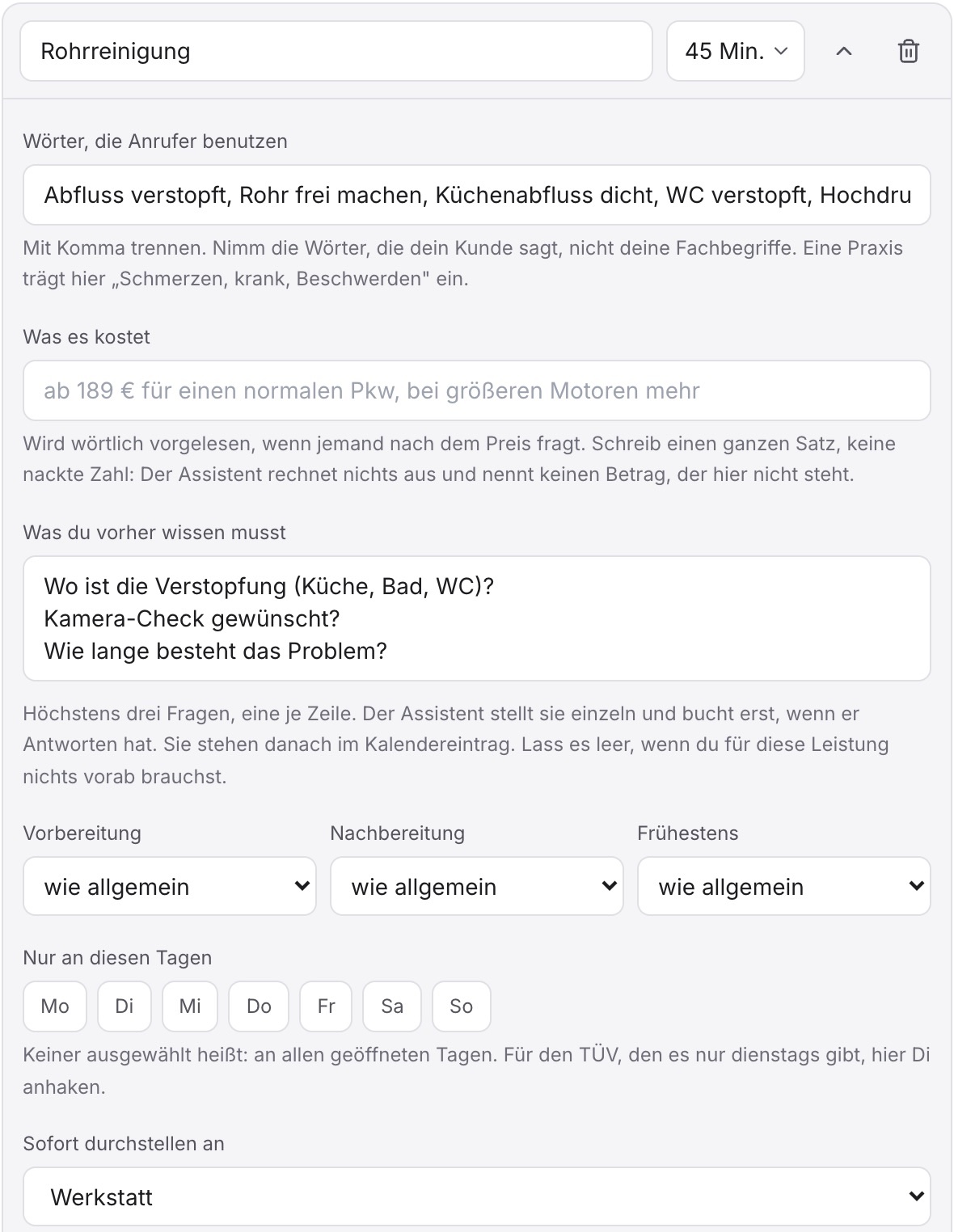Die Leistung Rohrreinigung aufgeklappt, unten „Sofort durchstellen an“ mit „Werkstatt“.