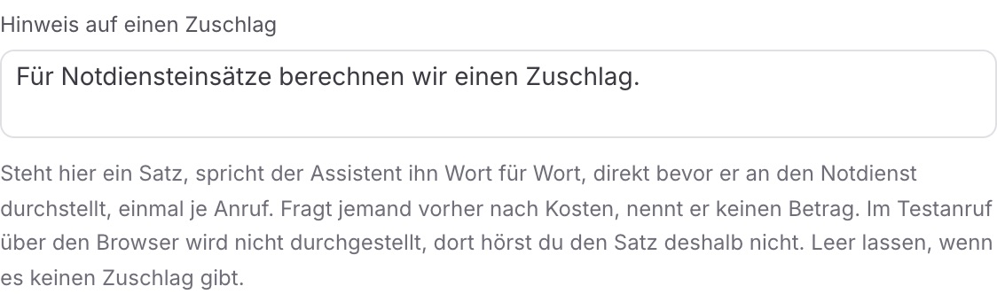 Feld „Hinweis auf einen Zuschlag“ mit dem Satz, darunter der graue Hinweis zum Testanruf.