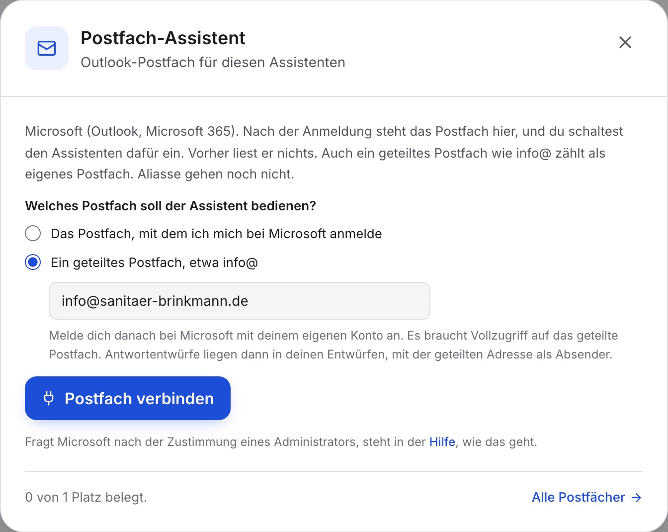 das Fenster nach dem Kauf, gewählt ist „Ein geteiltes Postfach, etwa info@“, im Feld info@sanitaer-brinkmann.de, darunter der Knopf Postfach verbinden.