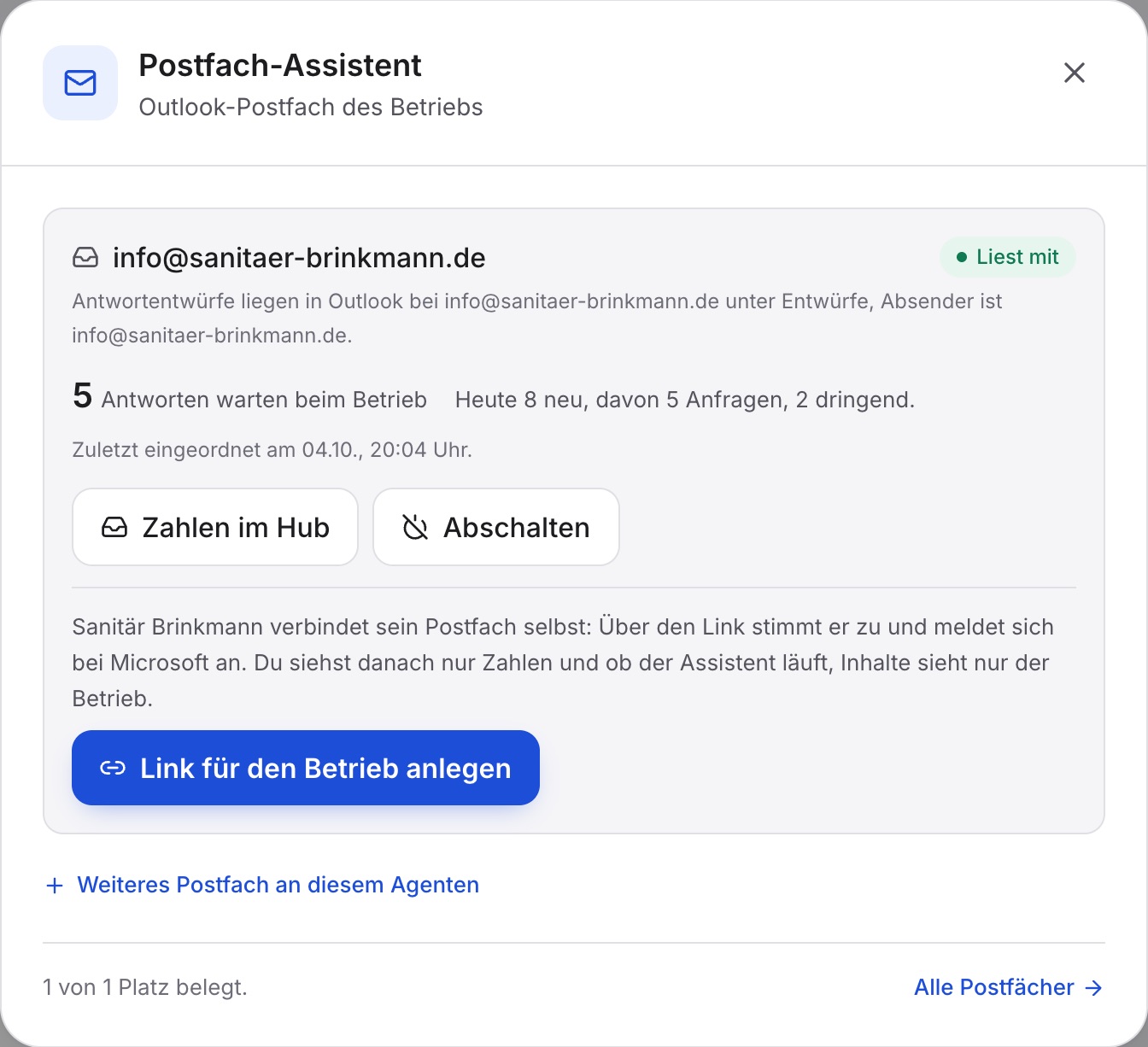 Das Postfach-Fenster beim Partner: info@sanitaer-brinkmann.de mit „Liest mit“, „5 Antworten warten beim Betrieb“, „Heute 8 neu, davon 5 Anfragen, 2 dringend.“, darunter „Zahlen im Hub“ und „Link für den Betrieb anlegen“.