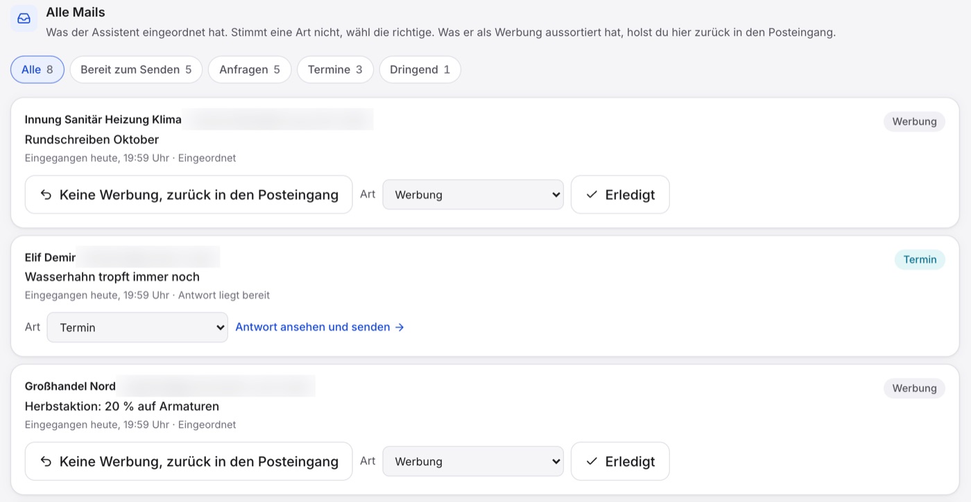 Ansicht „Alle Mails“ mit den Filtern oben, eine Mail mit Etikett „Werbung“ und darunter „Keine Werbung, zurück in den Posteingang“ und die Auswahl „Art“.