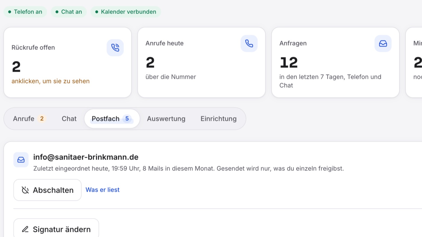 Der Hub von Sanitär Brinkmann mit dem Reiter „Postfach“ und der Zahl 5, darunter der Kopf mit info@sanitaer-brinkmann.de.
