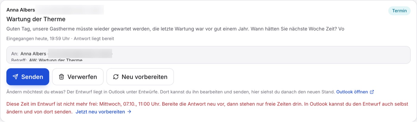 der Entwurf an Anna Albers, darunter in Rot „Diese Zeit im Entwurf ist nicht mehr frei: …“ mit „Jetzt neu vorbereiten“.